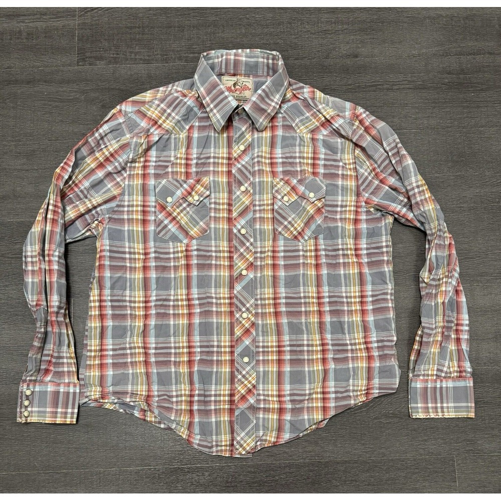 Wrangler Western Shirt Mens Plaid Pearl Snap Rodeo Sawtooth Vtg 90s